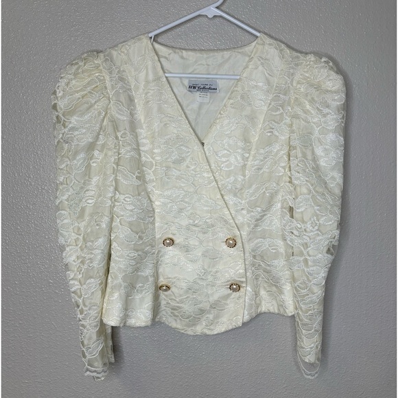 Vintage HW Collections Lace Puff Shoulder Blazer With Faux Pearl Gold Buttons - Picture 2 of 8